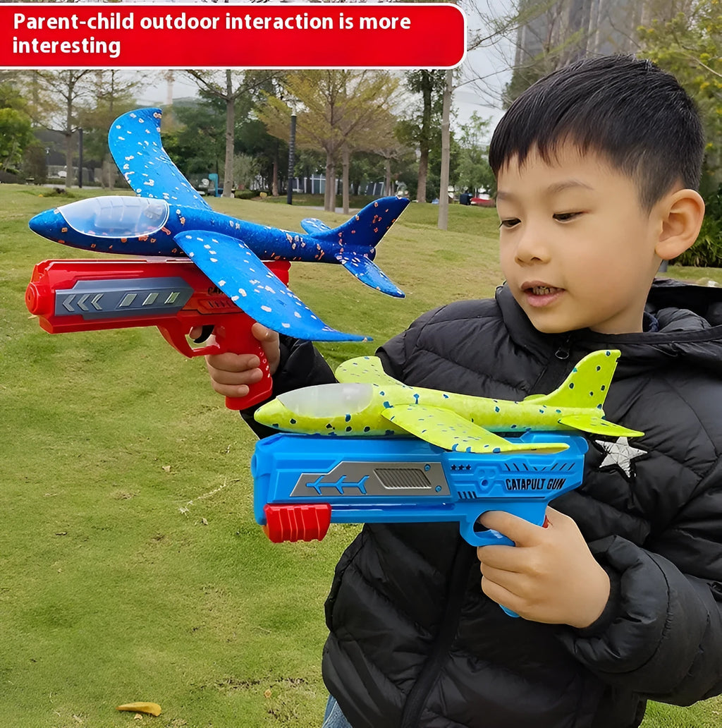 Children's plastic light-up catapult plane launch gun toy with 24cm glow aircraft in blue