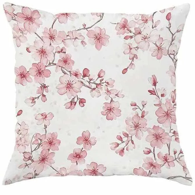 Short velvet cushion cover with cherry blossom and letter print in 45cm square size.