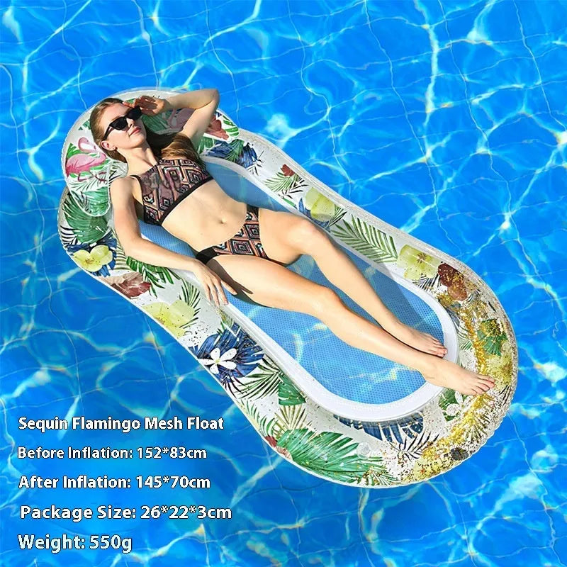 PVC inflatable floating row pool lounge in gradient sequin blue-purple wave design with canopy