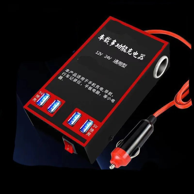 Black 12V 24V to 220V car power converter with AC socket and 4 USB charging ports
