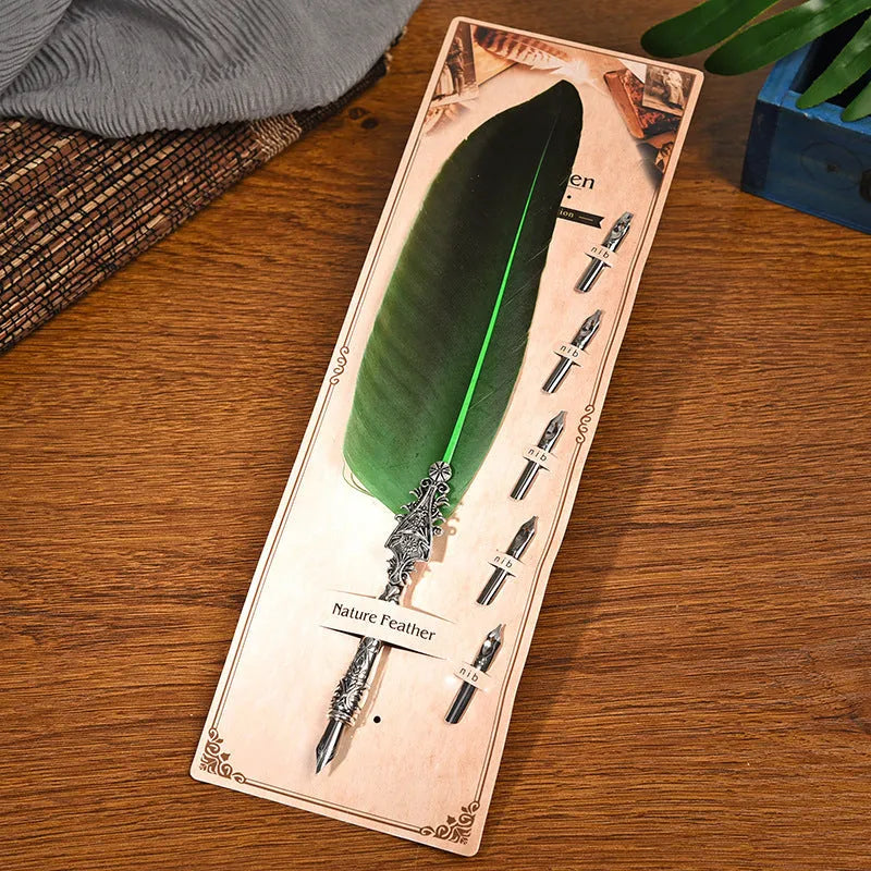European retro vintage feather pen with zinc alloy shell in various colours measuring 30x13x4 cm