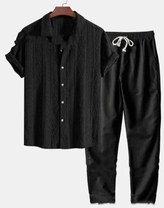 Men's loose fit milk silk summer suit set showing short sleeve shirt and trousers in a casual colour.