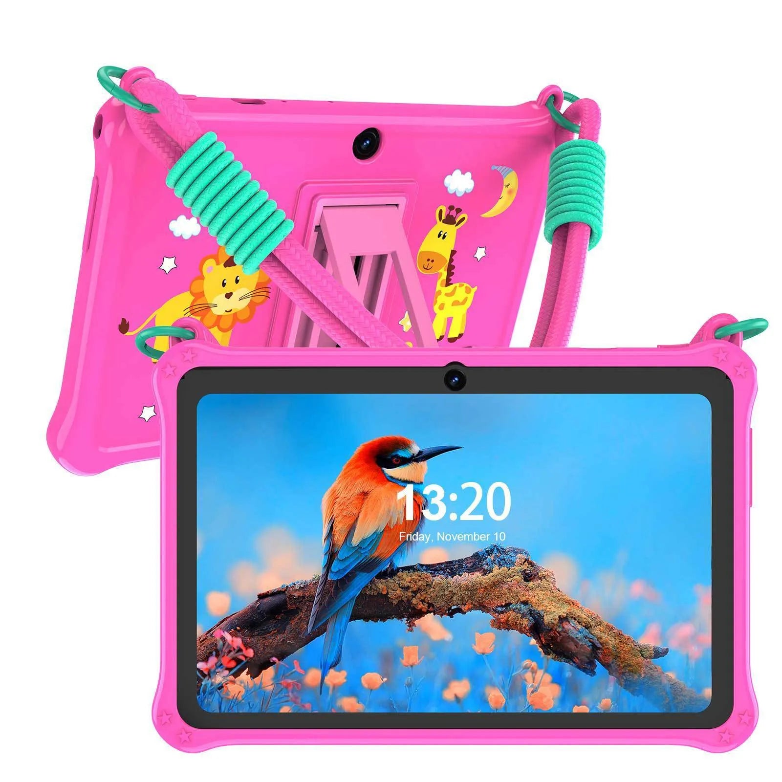 Sapphire blue silicone protective case for a 7-inch children's tablet, showing the integrated flat carry strap.