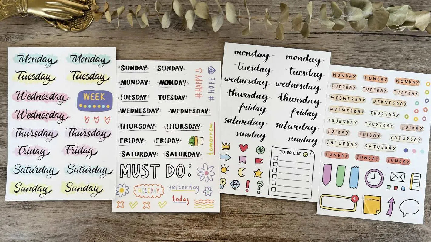 English letters and numbers label sticker set showing alphabet collections and week words in cute printed style