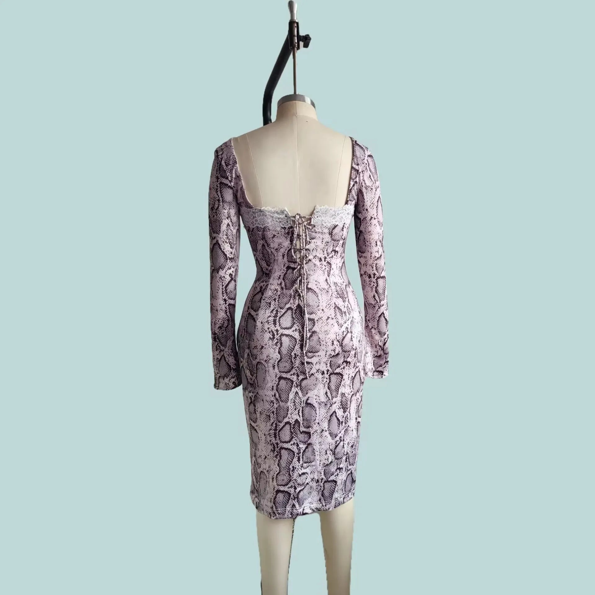 Grey women's slim fit lace dress with 3D digital print pattern and A-line skirt