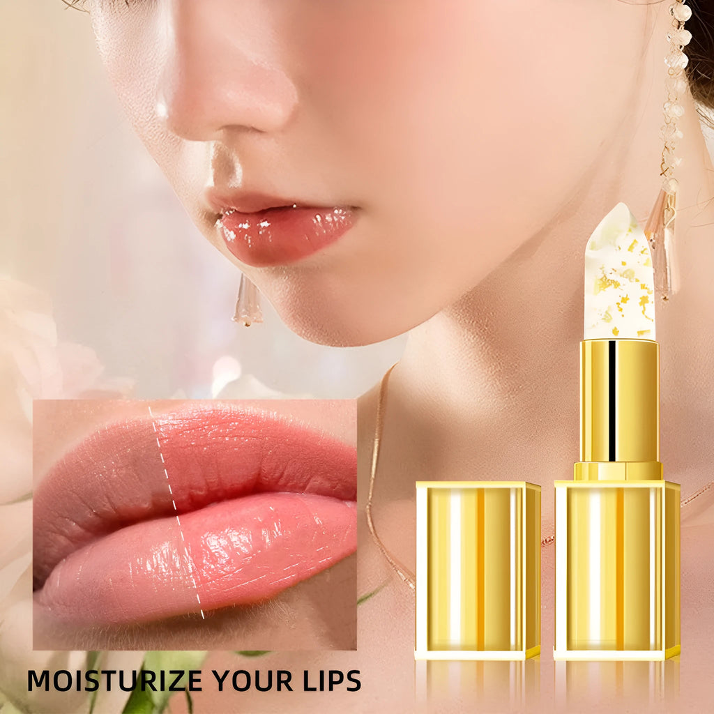 Tube of gilding warm colour-changing anti-smudge lipstick on a peach background.