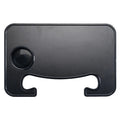 Black car steering wheel laptop stand tray with a foldable drink cup holder deployed.