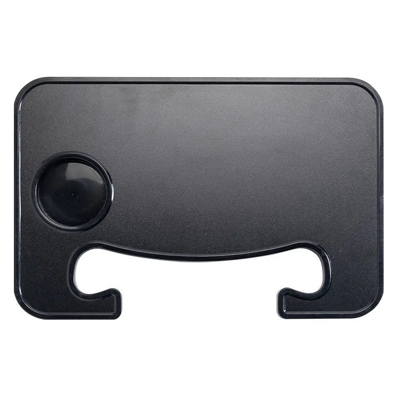 Black car steering wheel laptop stand tray with a foldable drink cup holder deployed.