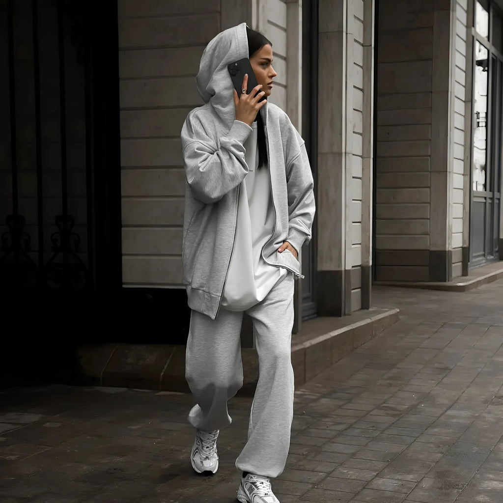 Red loose fit street style coat and trousers two-piece set with long sleeves