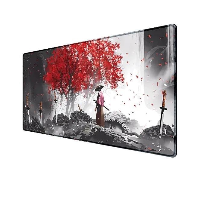 Japanese samurai design cloth gaming mouse pad on a desk, showing non-slip base and thermal transfer print detail.