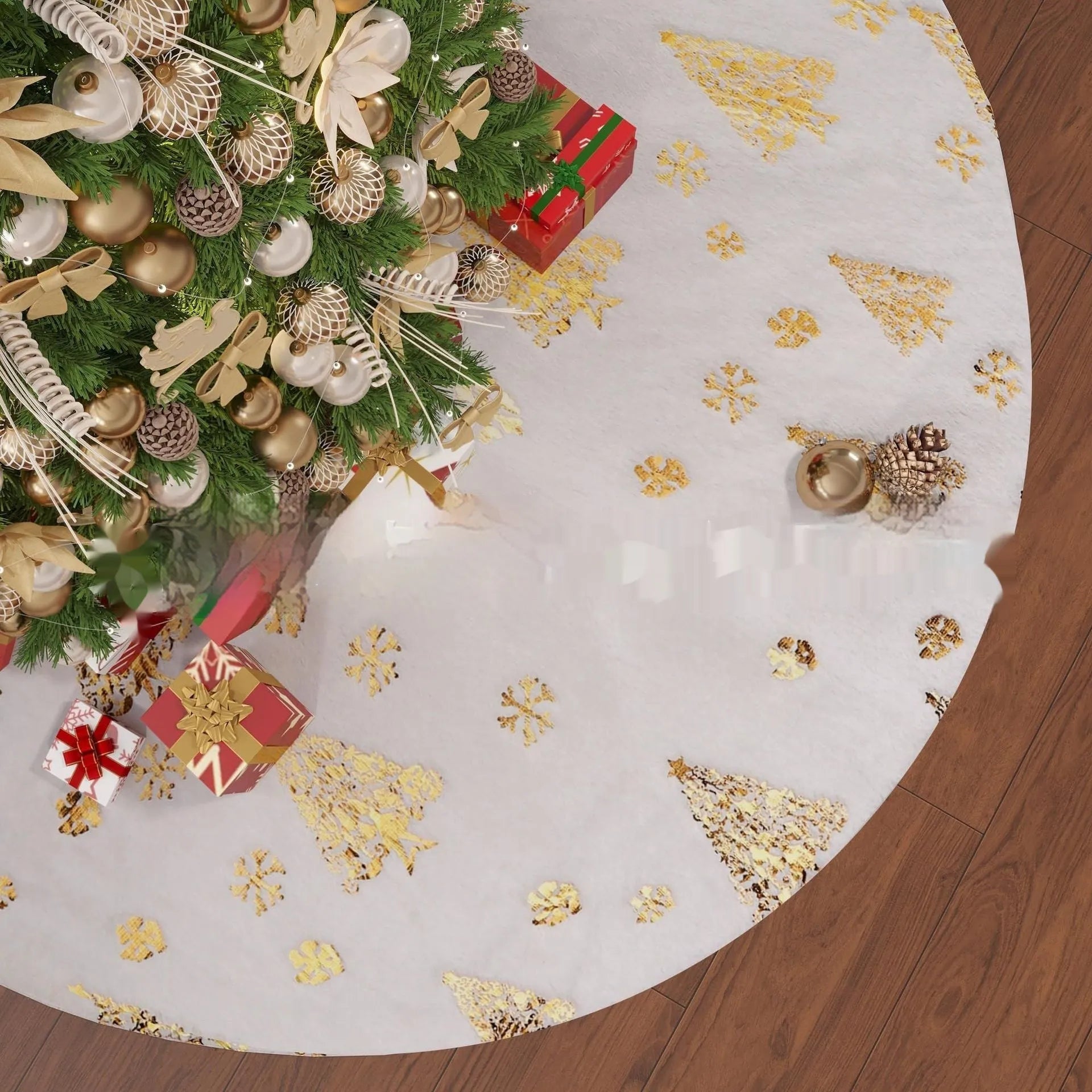 Plush Christmas tree decorative floor mat in snowflake star design showing soft textile surface