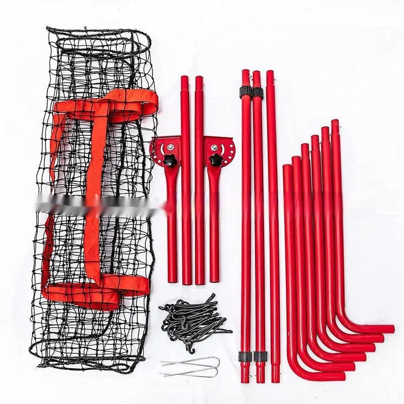 Red portable baseball training net with adjustable height metal frame