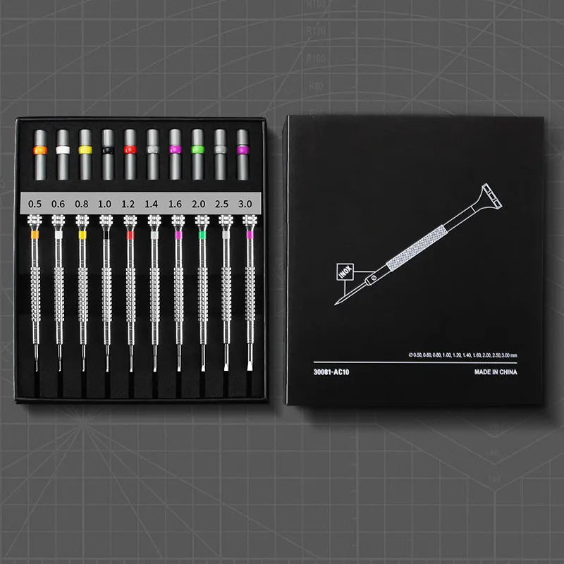Precision manual screwdriver set for watch and glasses repair with 10 drivers and 20 spare bits