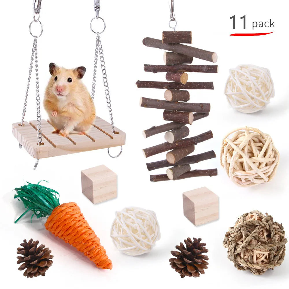 Natural wooden chewing toy set for small animals including straw mats, woven balls and plant-based components