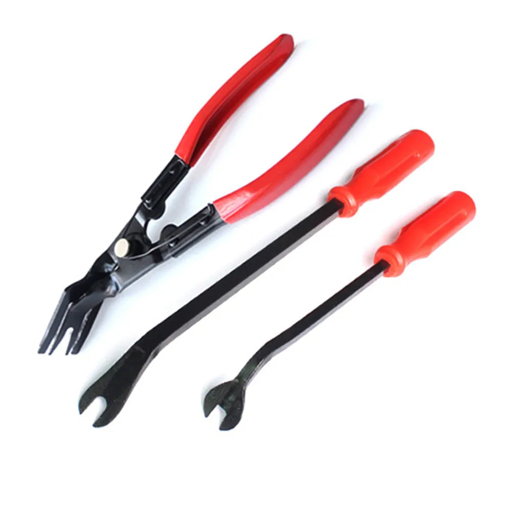Red handle automotive door panel clip removal tool with steel construction for General Motors vehicles