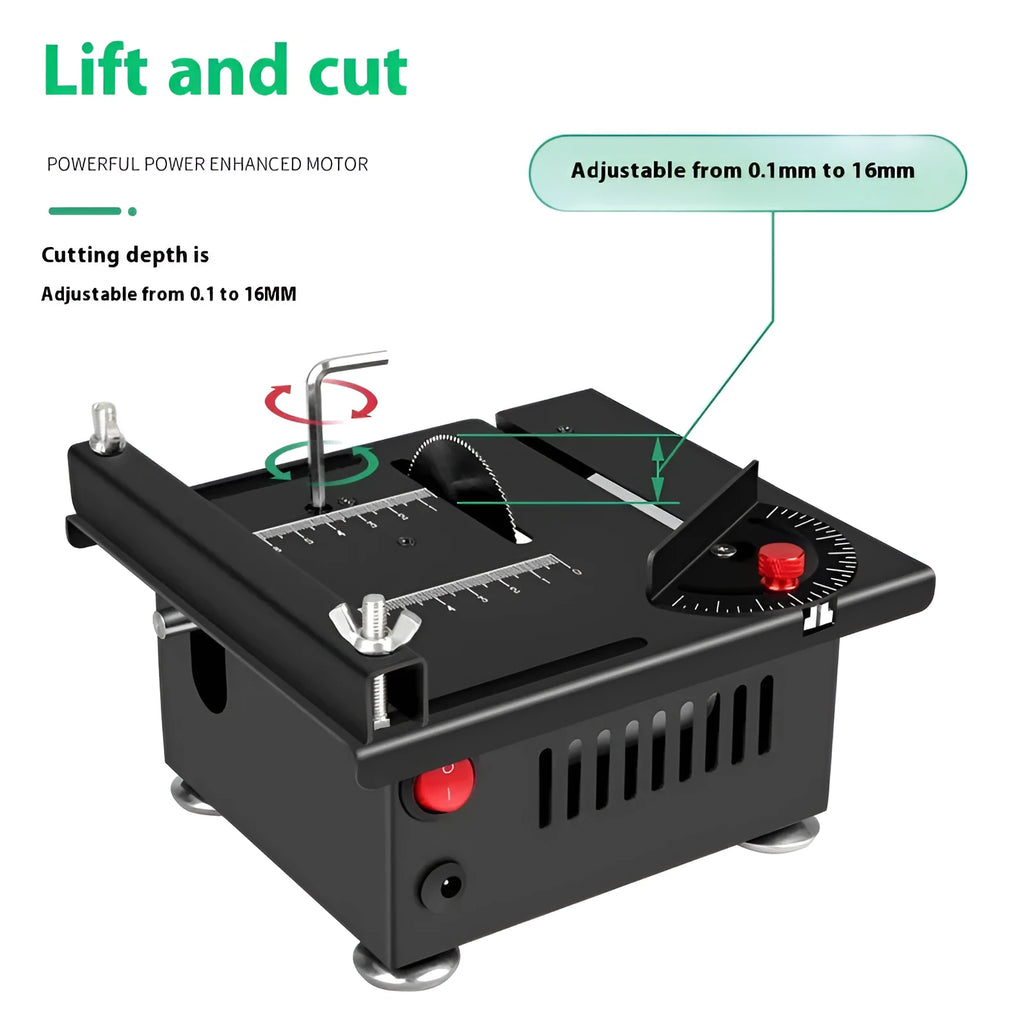 Lithium ion cordless micro desktop saw with metal body on a workbench