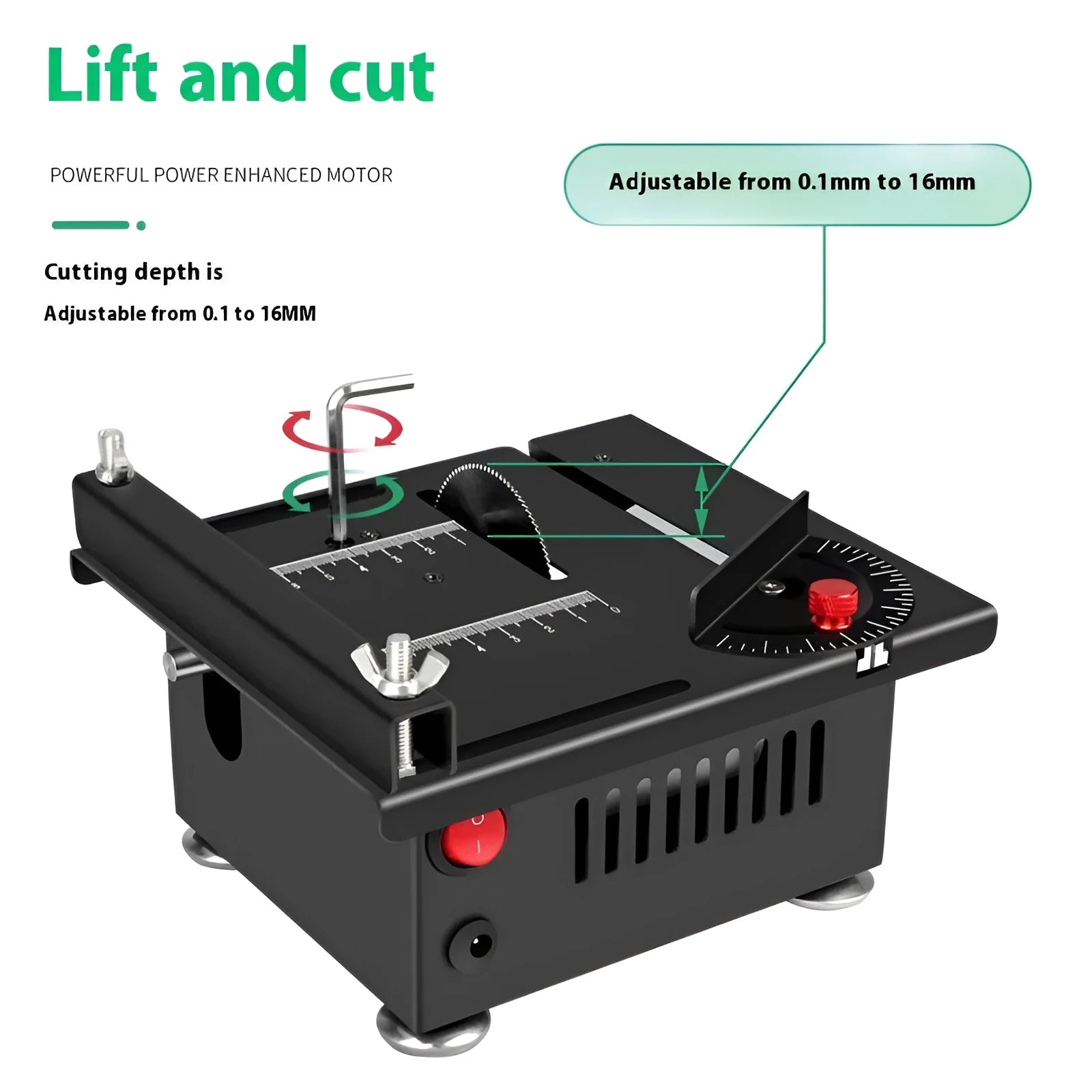 Lithium ion cordless micro desktop saw with metal body on a workbench