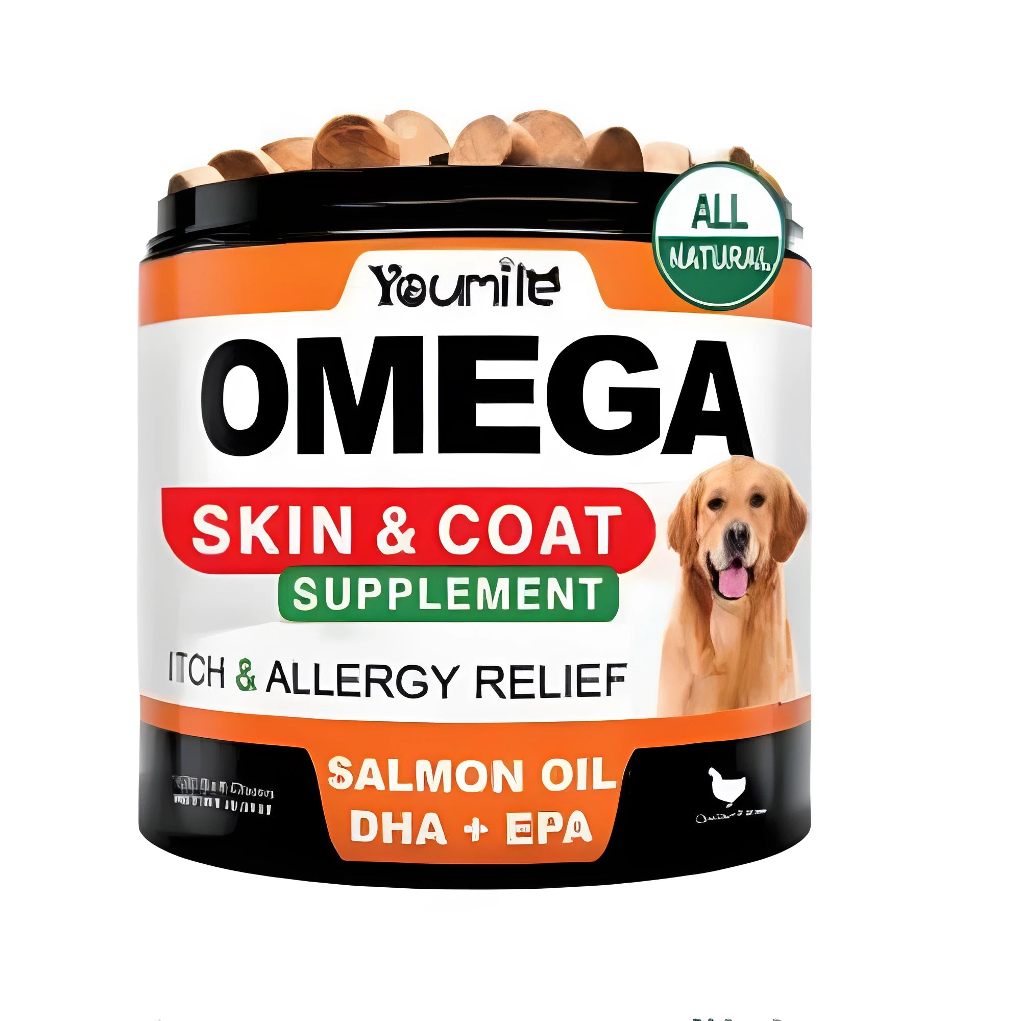 Container of 120 fish oil chewable softgel capsules for omega-3 nutritional supplementation