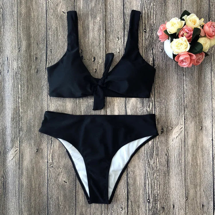 Solid colour polyester bikini swimsuit in five colour options showing front view