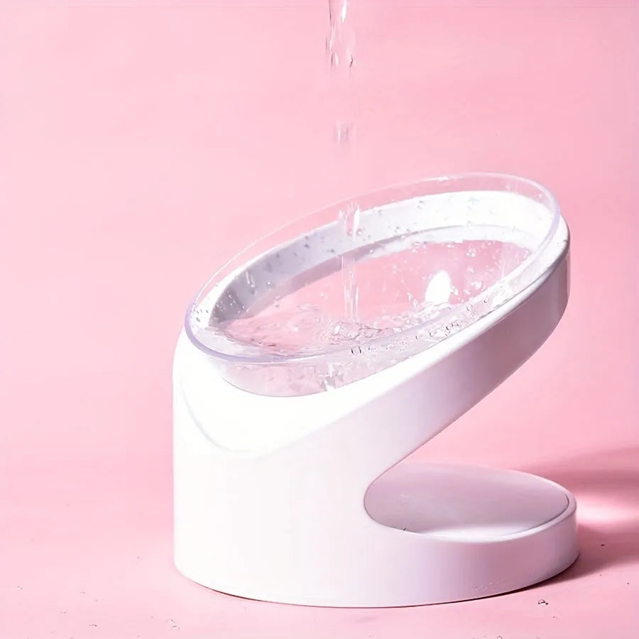 White elevated cat food bowl showing 5cm height and tilted angle design