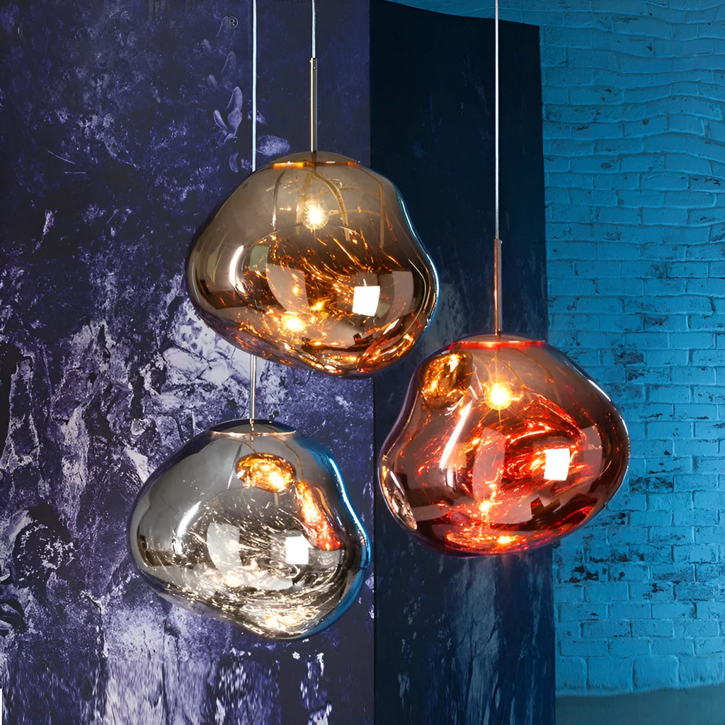 Post-modern Nordic chandelier with irregular glass shade in gold, copper, or silver finish