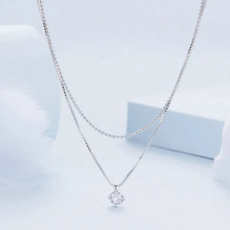 Silver double-layer necklace with pearl chain texture and pendant on S925 sterling silver
