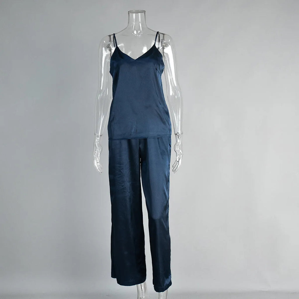 Polyester suspender trousers pajamas suit in European American style, two-piece set, available in multiple colours for home wear