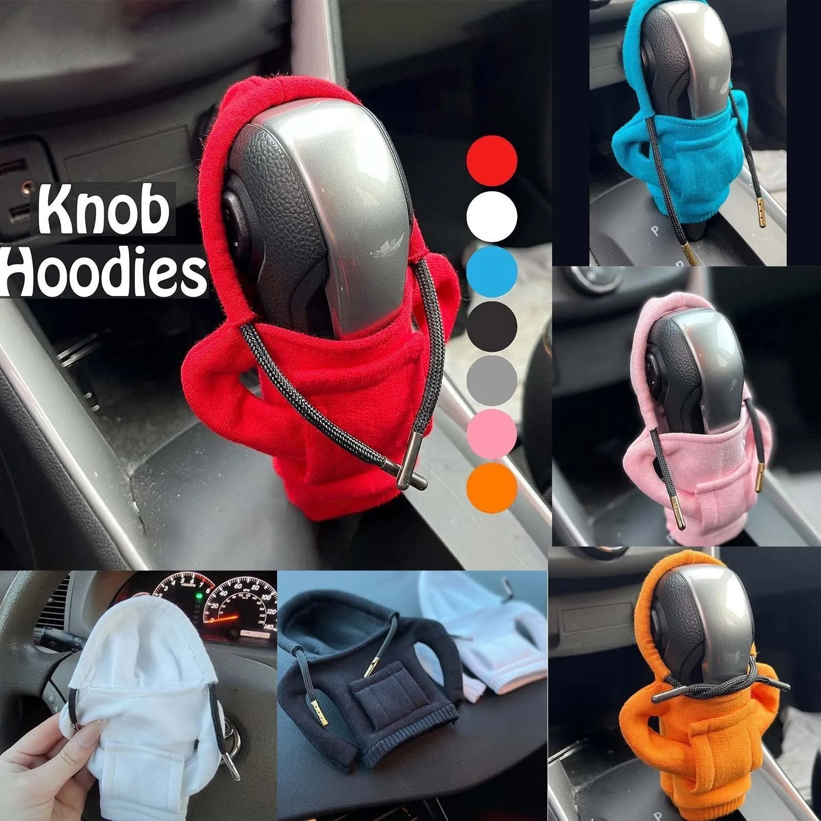 Pure cotton knitted gear lever sweater decoration in assorted colours on a car gear stick.