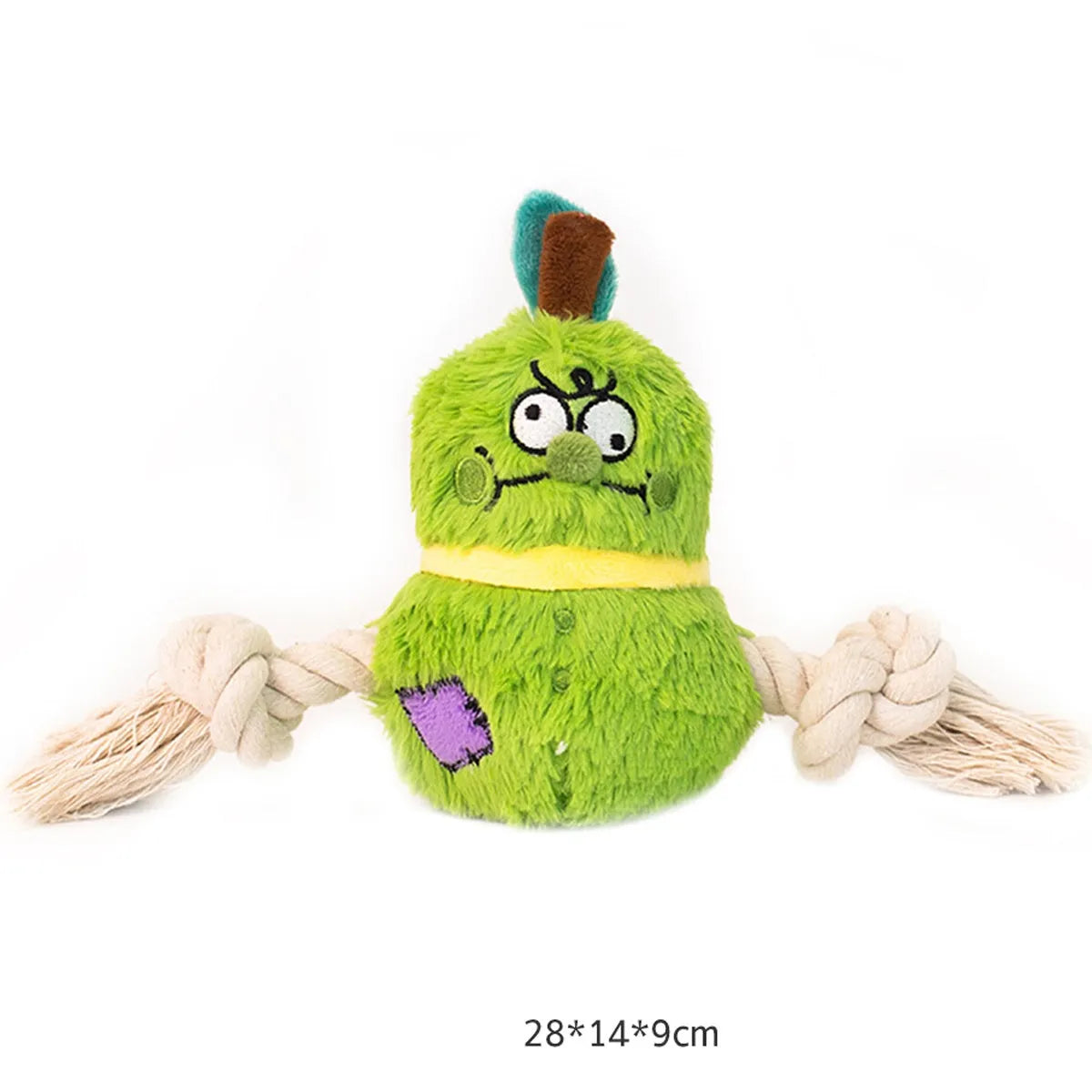 Green and purple interactive plush dog toy with rope knots for tug of war.