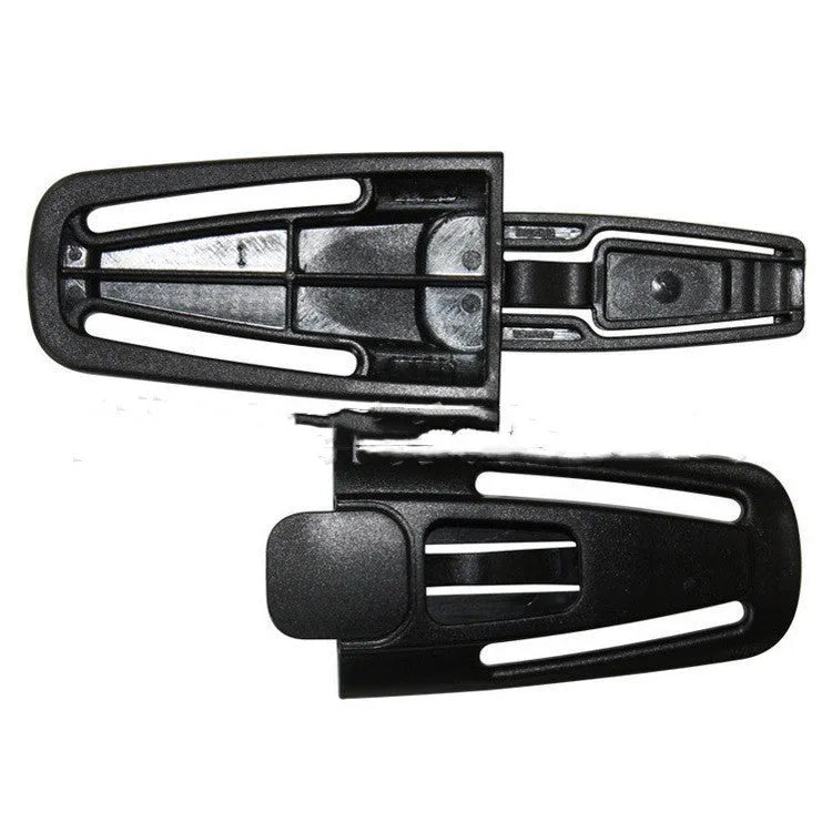Black nylon child car seat belt buckle clip for 5-point harness, measuring 14.5 by 4 centimetres.
