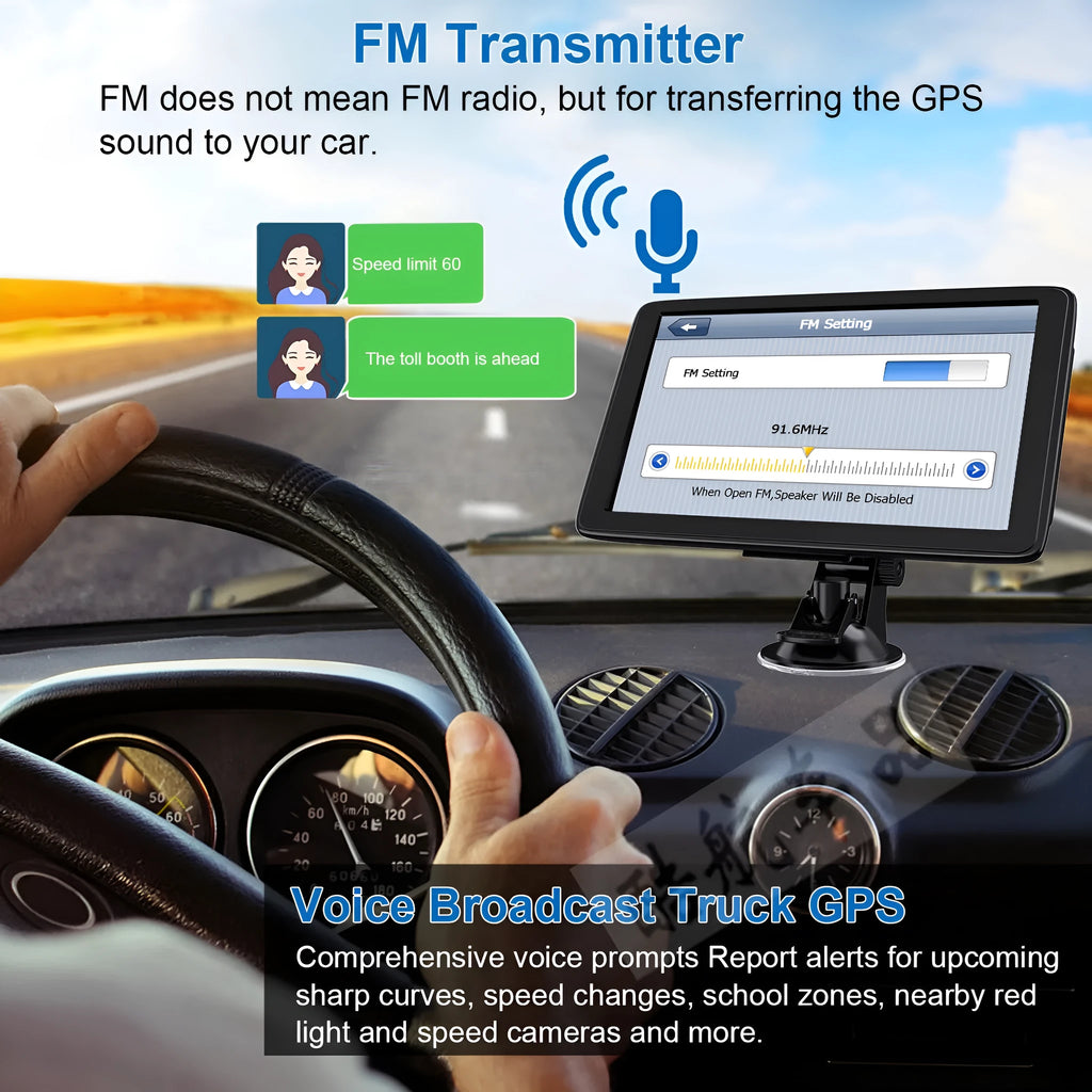 7 inch portable car GPS navigation device on a dashboard showing map display.