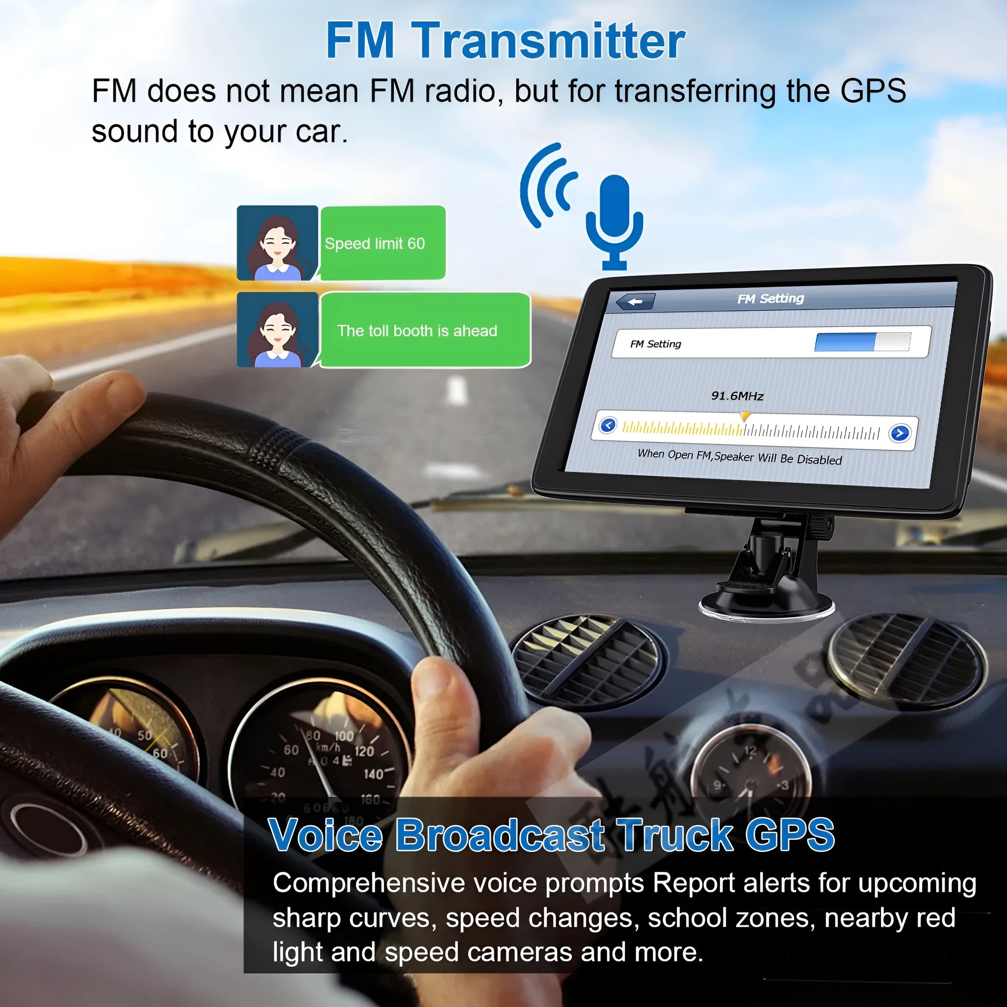 7 inch portable car GPS navigation device on a dashboard showing map display.