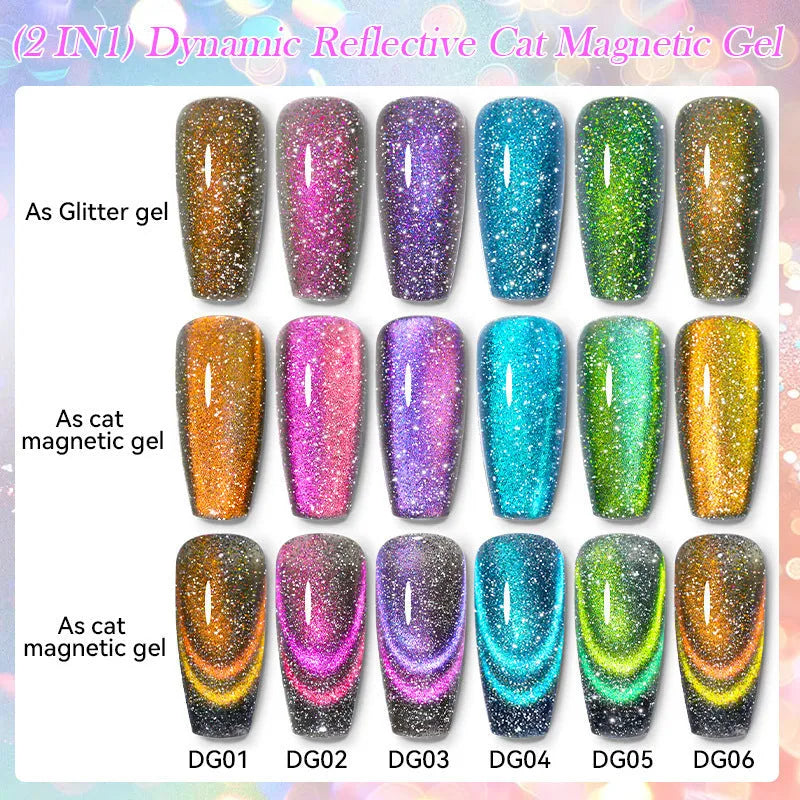 Six bottles of cat eye effect UV gel nail polish with diamond glitter and included nail glue.