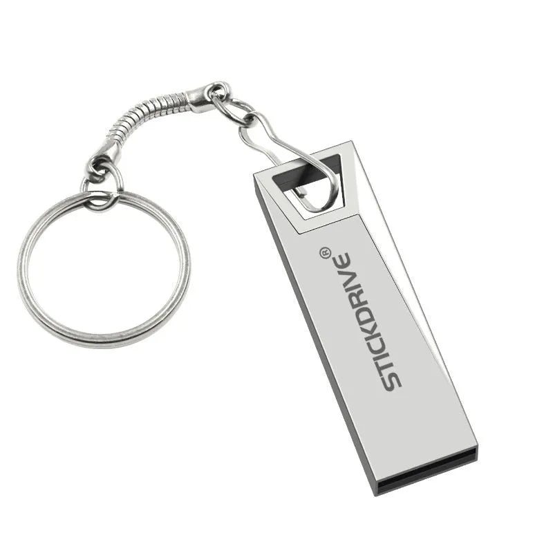 Metal USB flash drive on a silver chain necklace, showing black casing with options for lanyard or different chain attachments.