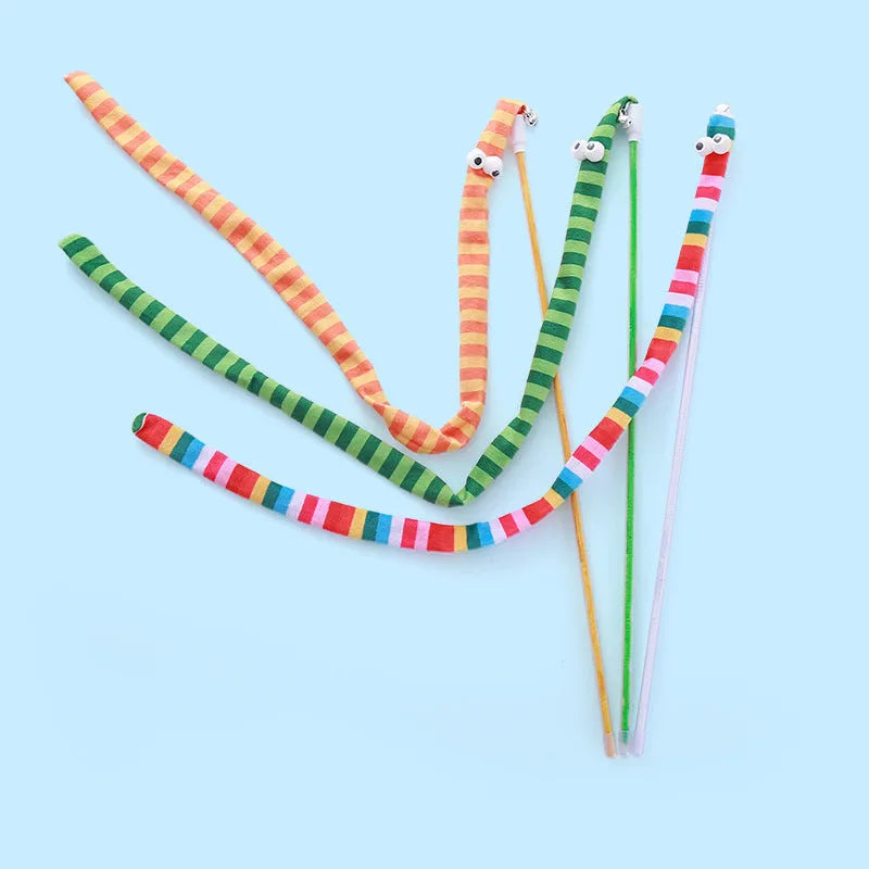 Colourful cat teaser wand toy with a long plush strip and bell on a polycarbonate handle.