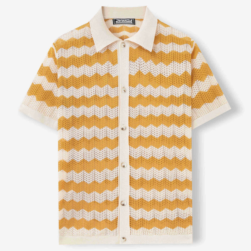 Tencel short sleeve sweater with hollow jacquard corrugated pattern in blue colour