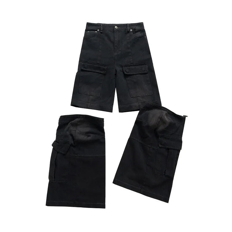 Washed-out cotton micro-pull overalls with detachable multi-pockets in black and blue colour options