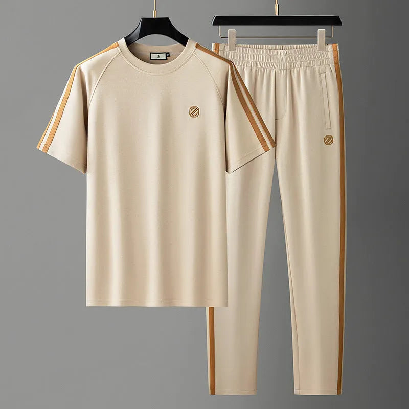 Men's ice silk style tracksuit set with short sleeve top and trousers in blue colour