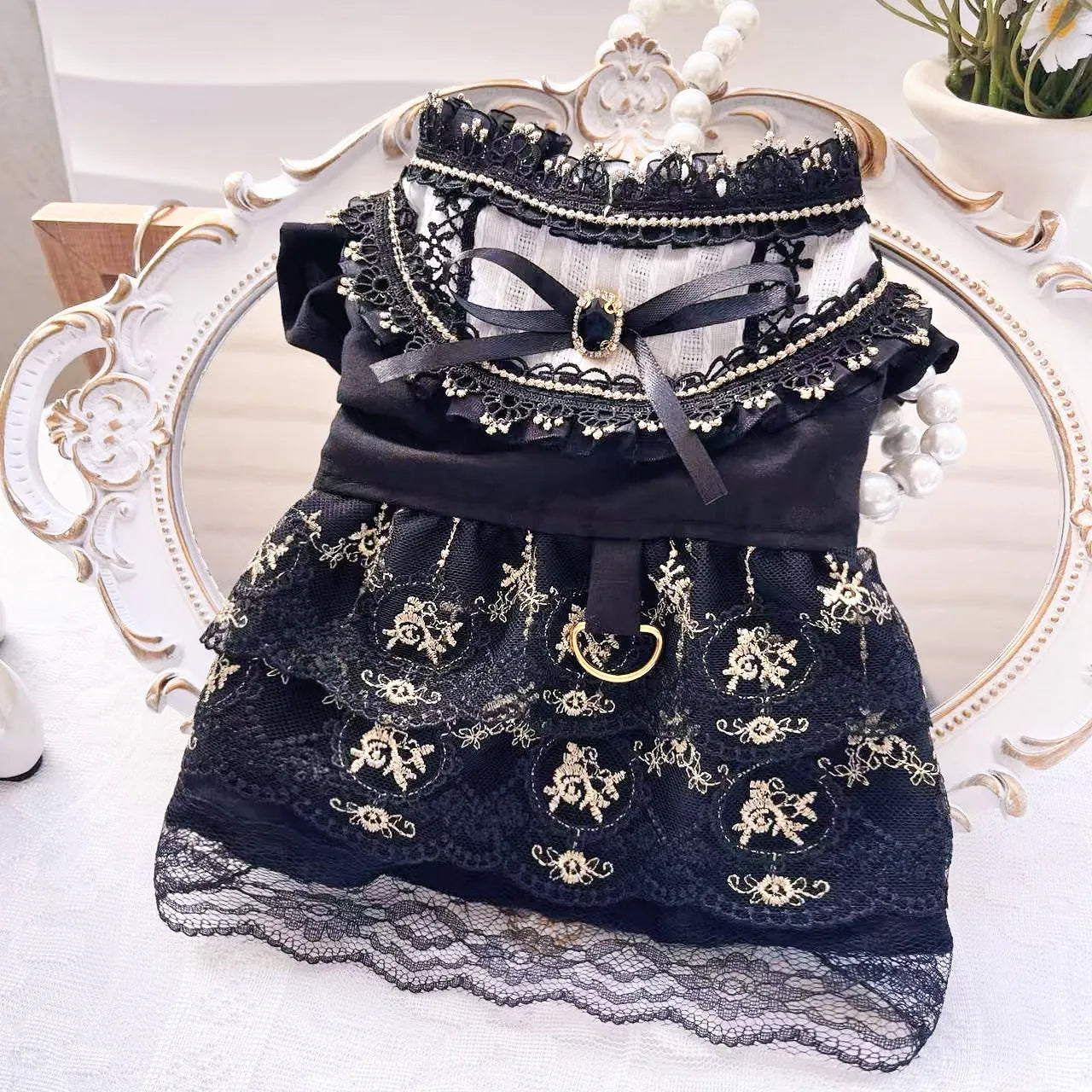 Golden gothic princess skirt dress for a small dog or cat on a mannequin.
