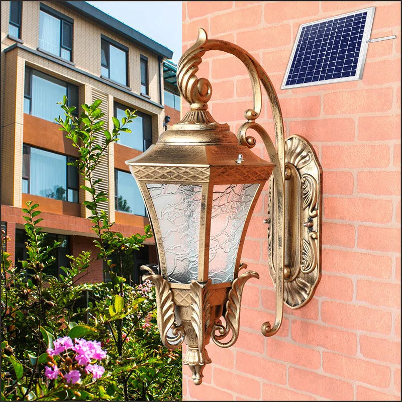 Black and bronze solar-powered outdoor landscape street lamp with dimensions 51x34x29cm