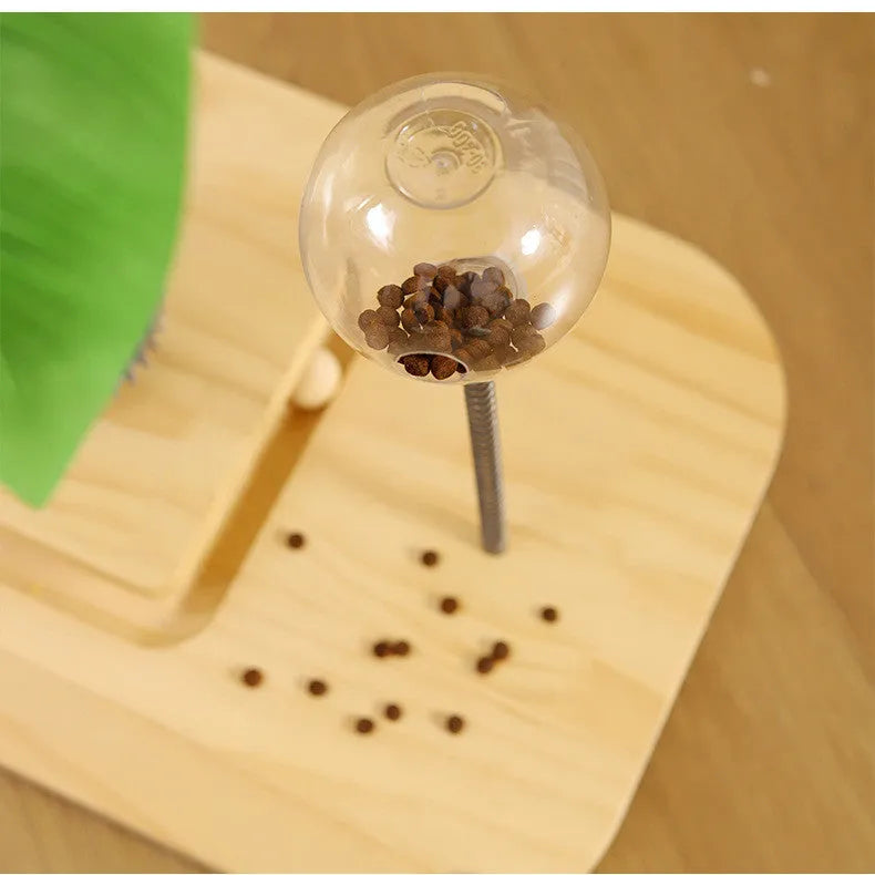 Wooden canna-coloured cat scratching post with food drop ball and chamfered edges