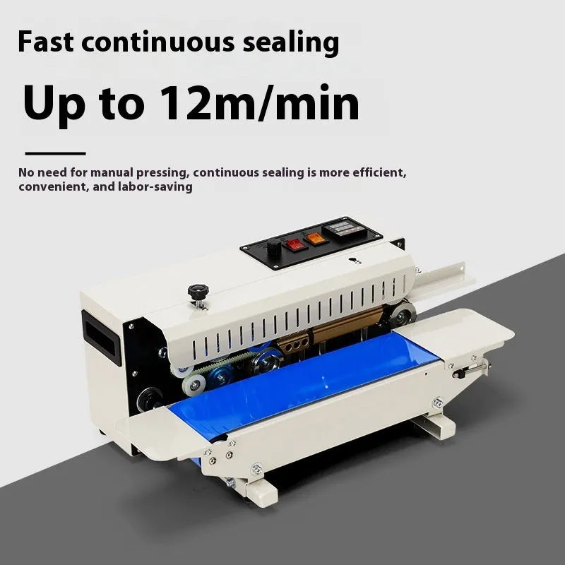 Mini handheld plastic bag sealing machine with integrated date printer on a kitchen counter.