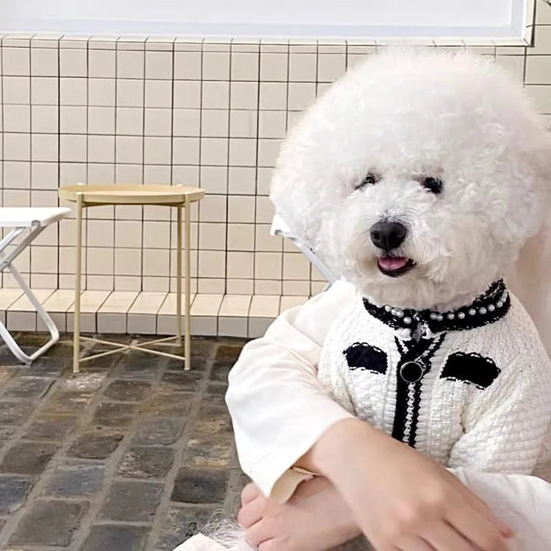 Korean style dog sweater with pearl collar in black or white colour options