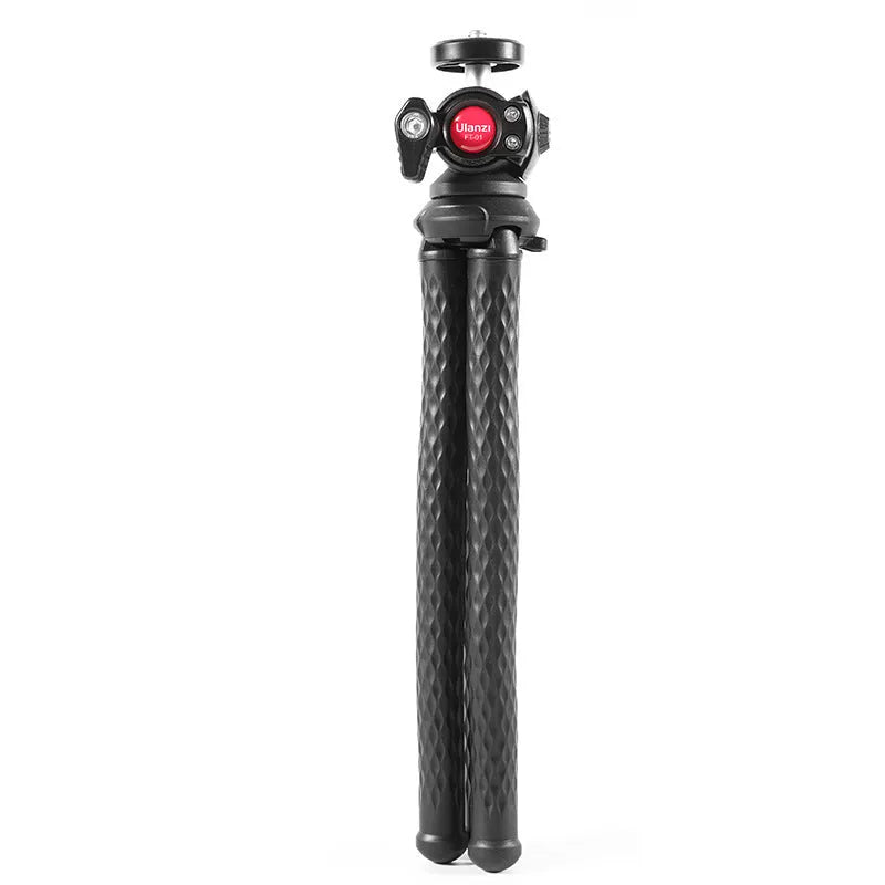 Black octopus leg tripod with extended aluminium shaft and attached mobile phone clip