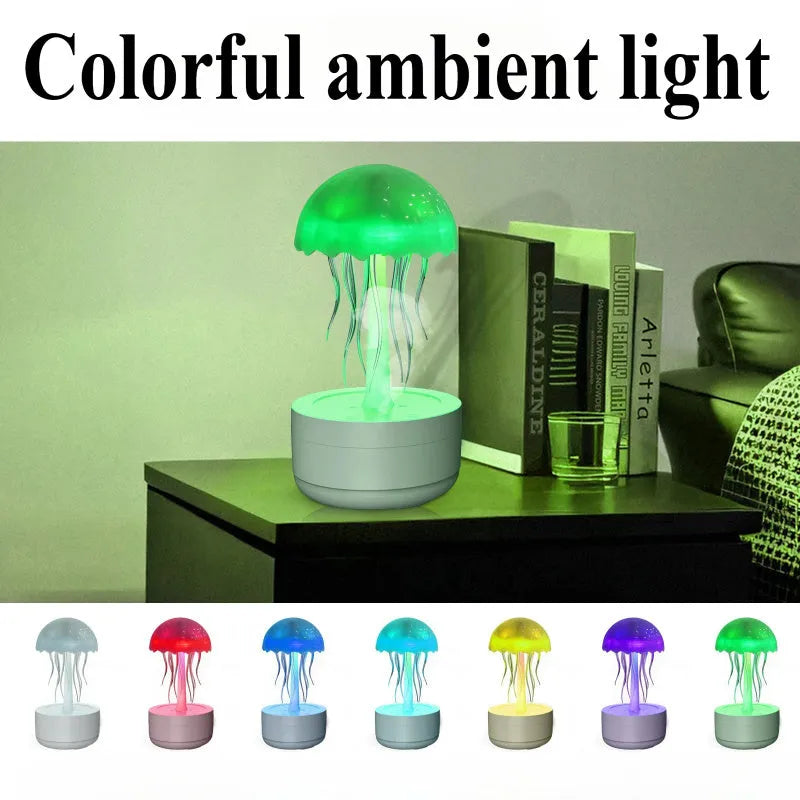 White jellyfish humidifier diffuser with colourful night light on desktop