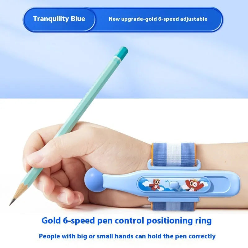 Blue anti-hook wrist brace and pen control corrector for children's writing posture on a table.