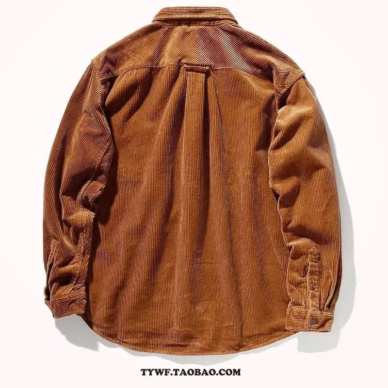 Caramel corduroy Hong Kong style loose fit cardigan shirt on hanger