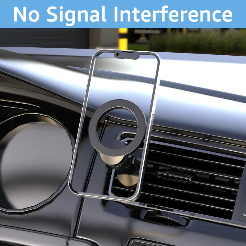 Black magnetic car phone holder with O-ring bracket for air vent mounting