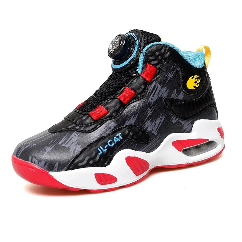 Rotating button running shoes in black synthetic leather with waterproof construction and PU soles