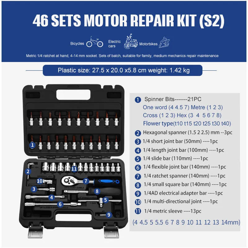 46-piece nickel-plated socket ratchet wrench set with Cr-v chromium vanadium steel construction